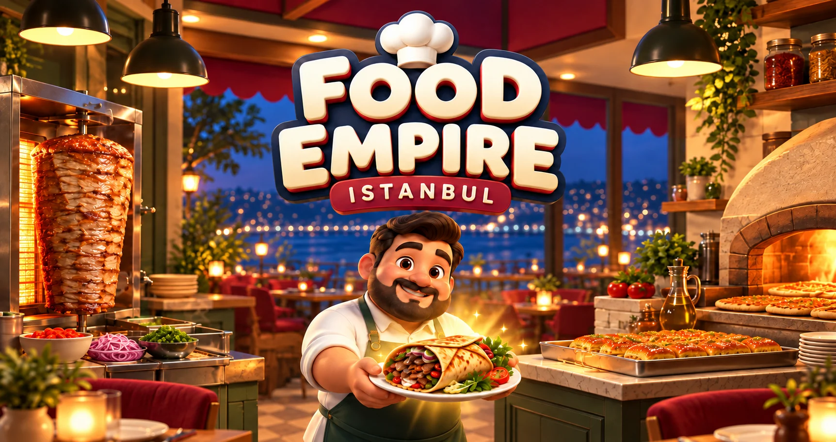 Food Empire Istanbul. A smiling chef offers a fresh wrap in a lively restaurant overlooking the Bosphorus.